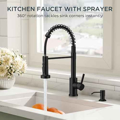 QFN Black Kitchen Faucet with Soap Dispenser, Stainless Steel Modern Spring Single Handle Commercial Kitchen Sink Faucet with Pull Down Sprayer Fit for 1 or 3 Hole for Farmhouse Rv Laundry Room