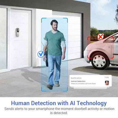 1080p Wireless Video Doorbell Camera for Home Security, Battery Powered, Live View, Cloud Storage, AI Human Detection, Night Vision, Two Way Audio, Indoor Outdoor Surveillance, 2.4G Wi-Fi only