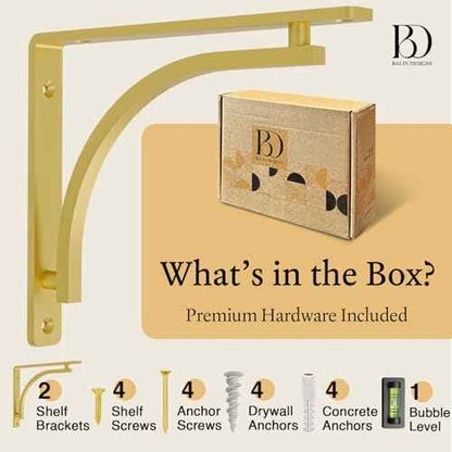 Classic Brass Heavy Duty Shelf Brackets 12 inch by Balin Designs ? Gold L Bracket, Wall Mounted Support, Shelving Metal Bracket, Decorative Shelf Brackets, with Hardware Included, Set of 2