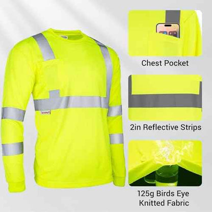 3Pack Hi Vis Class 3 Reflective Safety Shirt - Long Sleeve Work T-Shirt
