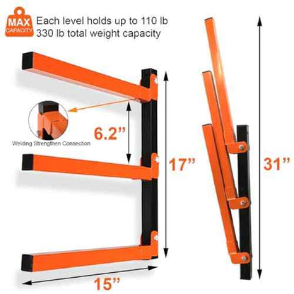 3-Level Lumber Storage Heavy Duty Metal Wall Mount, Wood Tool Box Organizer Rack, Workshop Indoor & Outdoor (4 Pack)
