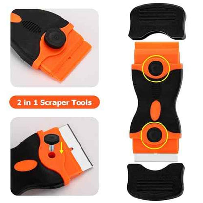 2 Pcs 2-in-1 Razor Blade Scraper Tool with 30Pcs Plastic Blades, 30Pcs Metal Blades and 2Pcs Plastic Cleaning Scrapers for Decals, Stickers, Labels, Caulk, Adhesive, Paint Removal