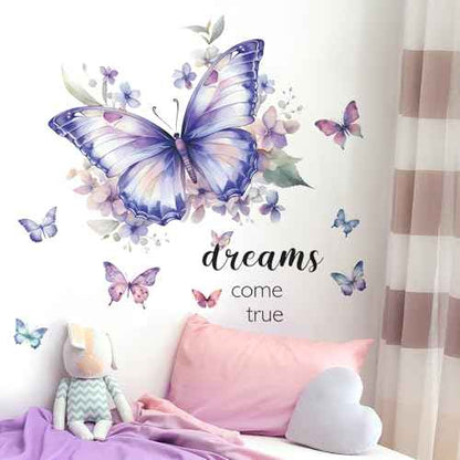 Purple Butterfly Wall Decals Removable Butterfly Flower Wall Stickers Peel and Stick Butterflies Wall Decor Stickers for Kids Girls Bedroom Nursery Bathroom Decorations VA-G006