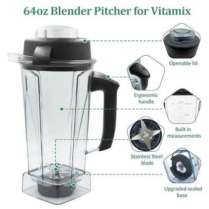 For Vitamix Blender Pitcher 64 oz. -60865, Clear, 5200 Replacement Container for Vitamix 4500,5000,5300,6000,6300,6500,7500,200,300,500,750,780,VM0102,VM0103, etc. 2-year full warranty