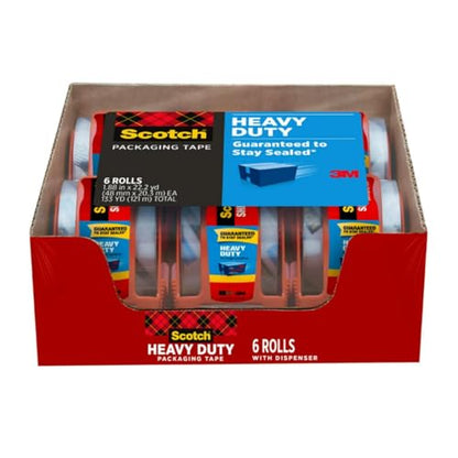 Scotch Heavy Duty Shipping Packaging Tape, 6 Rolls with Dispenser, 1.88" x 22.2 yd, 1.5" Core, Great for Packing, Shipping & Moving, Clear (142-6)