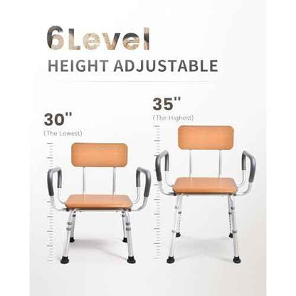 Sangohe Shower Chair for Inside Shower with Arms and Back, Height Adjustable Shower Chair for Elderly and Disabled, Wood Seat Board and Back, 400 lbs Heavy Duty Shower Seat for Seniors, 796A