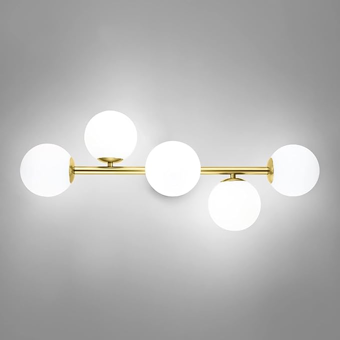 Mid Century Modern Bathroom Vanity Lights, 5-Light Bathroom Light Fixtures Brass Gold Bathroom Lights Semi-Flush Mount Ceiling Light, Gold Wall Sconce Wall Light with Globe Frosted Milk Glass, G9 Base