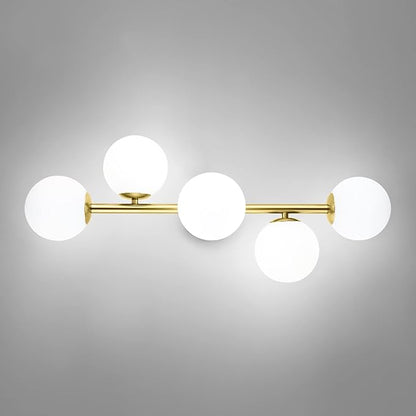 Mid Century Modern Bathroom Vanity Lights, 5-Light Bathroom Light Fixtures Brass Gold Bathroom Lights Semi-Flush Mount Ceiling Light, Gold Wall Sconce Wall Light with Globe Frosted Milk Glass, G9 Base