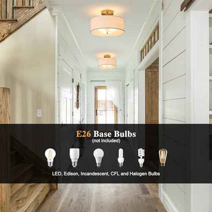 12.6" Semi Flush Mount Ceiling Light Fixture, 3 Light Gold Drum Light Fixtures with White Fabric Shade, Modern Close to Ceiling Lighting for Living Room, Bedroom, Hallway, Entry, Foyer