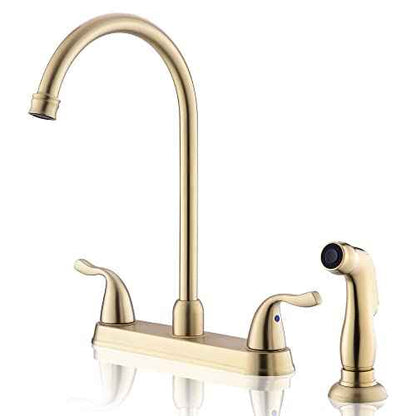 Gold Kitchen Faucet with Side Sprayer - 2 Handles 8 Inches Centerset Sink Faucets 3 or 4 Hole RV Kitchen Sink Faucet Commercial Lead-Free Utility Faucet with High Pressure Sprayer & Water Hose