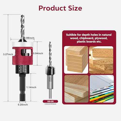 Countersink Drill Bit Set - Countersink Drill Bit with Low Friction Depth Stop, Replaceable HSS M2 Tapered Bits, Carbide Drill Bits 1/4¡± Hex Shank for Woodworking Tools & Hand Tools