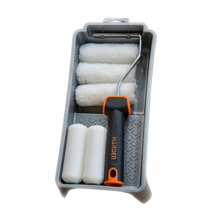 Professional 4 inches 7-Piece Paint Roller Brush Set ? Includes Foam & Polyester Acrylic Rollers, Silver Paint Trap, TPR Handle ? Ideal for Smooth Finishes on All Paint Types