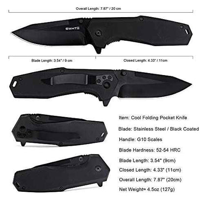 EDC Pocket Folding Knife - 3.54" Stainless Steel Black Blade, G10 Scales Liner Lock, Men Women Camping Knives with Clip EMH03