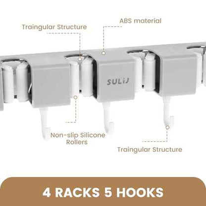 5PCS 4 Racks and 5 Hook Broom Mop Holder with Hooks Wall Mounted Broom Storage Rack No Drilling Self-Adhesive Mop Broom Organizer Mop Holder Hanger for Bathroom Office Kitchen Closet Garage