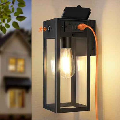 Porch Lights with GFCI Outlet, Dusk to Dawn Motion Sensor Outdoor Lights, 2 Lighting Modes Waterproof Anti-Rust Wall Sconce Lantern, Outside Light for House, Black