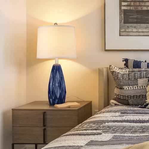 25'' Table Lamp Navy Blue Table Lamps Modern Ceramic Lamps for Night Stand - Dimmable Bedside Lamps for Nightstand, Bedroom Lamp for Living Room Desk End Table Office Guest Room