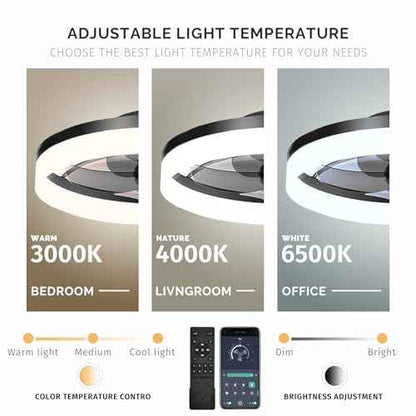 19.7 inch Low Profile Ceiling Fan with Lights and Remote, Fandelier Dimmable Ceiling Fan Flush Mount, 3000K-6500K Bladeless LED Fan Light for Bedroom,Dining Room and Kitchen (Black, 1 Pack)