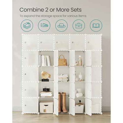 SONGMICS Cube Storage Organizer, Set of 12 Plastic Cubes, Closet Storage Shelves, DIY Plastic Closet Cabinet, Modular Bookcase, Shelving with Doors for Bedroom, Living Room, Cream White ULPC342W02