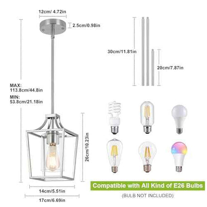Brushed Nickel Lantern Pendant Light Fixture Pendant Lights for Kitchen Island with Clear Glass Shade, Adjustable Height Rods Pendant Lighting for Dining Room Kitchen Foyer Hallway