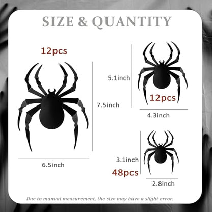 72Pcs Spider Stickers Decorations Black 3D Spider Decals for Wall Window Door Indoor Home Party Classroom Office Decor