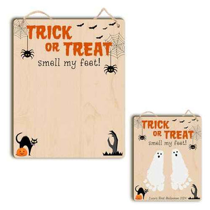 Baby's First Halloween Footprint DIY Wooden Hanging Sign, Baby's 1st Halloween Art Craft Gifts, My First Holiday Milestone Signs, Trick or Treat Smell My Feet Halloween Decor Sign (Nature)