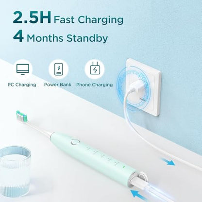 Electric Toothbrush for Adults with 8 Brush Heads, Sonic Toothbrush Rechargeable with a Holder & Travel Case, 2.5 Hours Charge for 120 Days Use - Light Blue