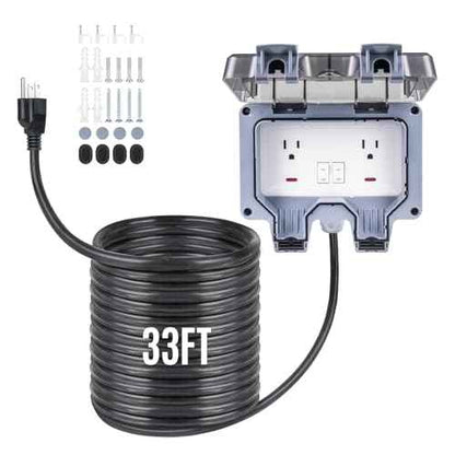 Outdoor Power Outlet 15A 110V with 10/20/33ft Extension Cord IP66 Waterproof, IK08 & UL1363-2018 Certified Outdoor Outlet Extender for Garden Garage Patio (33FT)