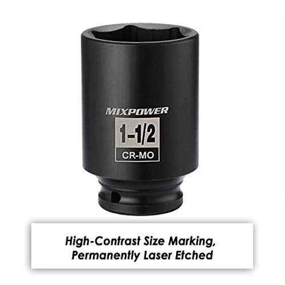 MIXPOWER 1/2 Inch Drive Deep Impact Socket 1-1/2 Inch SAE, CR-MO, 6PT,Axle Nut Impact Grade Socket for Easy Removal