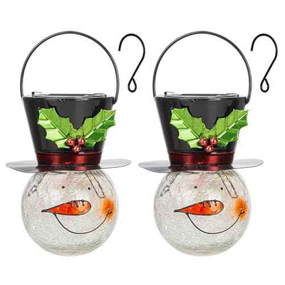 Starsoul 2 Pack Snowman Solar Lanterns, Christmas Outdoor Hanging Lantern Waterproof Decorative Snowman Lights Decor for Garden, Patio, Yard, Porch, Xmas Holiday Party Decor (Large Leaves)