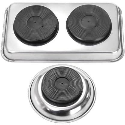 Okllen 6 Pcs Magnetic Parts Tray Set, Stainless Steel Heavy Duty 9.5"W x 5.5''L Square and 4 1/4" Round Extra Strong Magnetic Tool Trays Holder for Socket Screw Nuts Bolts Metal Parts