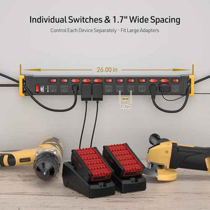 CRST Heavy Duty Metal Power Strip with Individual Switches, 12 Outlets Long Surge Protector Power Strip (1020J), 15A/1875W, 9FT Cord, Use for Garage Workshop Office School and Home...