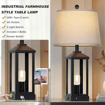 28" Tall Vintage Table Lamp Set of 2 with USB C+A & Outlet,Black Industrial End Table Lamp for Living Room,Farmhouse Rustic Bedside Lamps Set of 2 with Night Light ,Vintage Bedroom Lamp for Nightstand