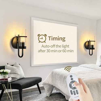 Battery Operated Wall Sconce Set of 2, Rechargeable Wireless Wall Lights with Remote, Dimmable Black Sconces with Clear Glass Shade for Bedroom Living Room Hallway, 3000K Crystal Bulb Included