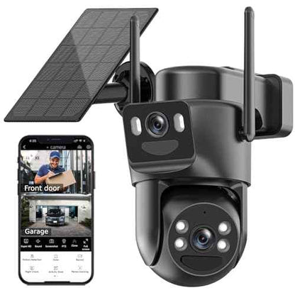 Kurain Dual Lens Solar Security Cameras Wireless Outdoor, 5G/2.4G WiFi 6, 360¡Æ View Pan/Tilt Home Security Camera with 6MP Color Night Vision, Motion Detection, Human Tracking, Spotlight Siren, Alexa