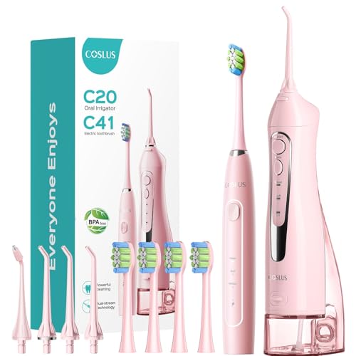 COSLUS Portable Water Flosser with Electric Toothbrush Combo: 2-in-1 Oral Clean Kit for Teeth, Braces, Gums Care - Brushing & Flossing for Adults, Family, Travel Use, BPA-Free, Black, C20 & C41