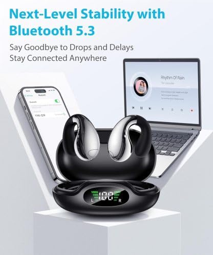 Boytond Ultra Open Ear Earbuds - Ergonomic Clip-On Earbuds, Bone Conduction Over-The-Ear Headphones with Waterproof Design and Secure Fit for Small Ears, Mirror Black