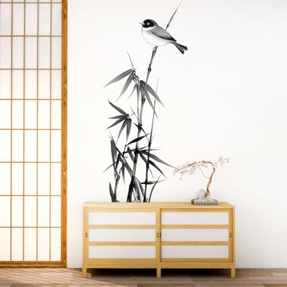 Chinese Ink Bamboo Wall Decals Removable Zen Painting Vinyl Stickers for Nursery Living Room and Bedroom Botanical Decor Peel and Stick Wall Art