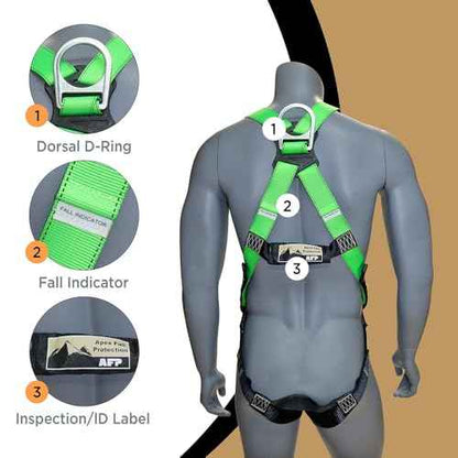 AFP Universal Full-Body Safety Harness w/Dorsal D-Ring Tongue Buckle Legs High-Viz Green, Shock Absorbing Lanyard (OSHA/ANSI)