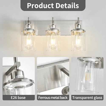 3-Light Brushed Nickel Bathroom Light Fixture Over Mirror Modern Bathroom Vanity Light Vintage Wall Lighting with Clear Glass Shade for Bathroom, Bedroom, Hallway, Cabinet