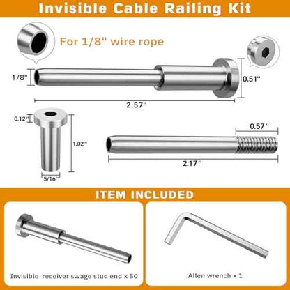 Invisible Cable Railing Kit - 50 Pack 1/8" T316 Stainless Steel Invisible Receiver Swage Stud End for 2"x2" Wood Metal Post - Deck Cable Railing Hardware