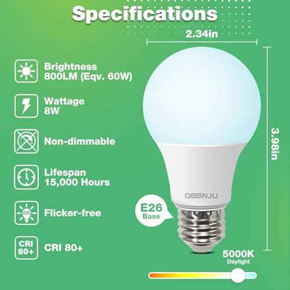 LED Light Bulbs Daylight 5000K, 60 Watt Equivalent LED Bulbs, A19 Standard Bulbs, 800 LM, 15000 Hours, E26 Base, Non-Dimmable, 8W LED Bulbs for Bedroom Living Room 48 Pack
