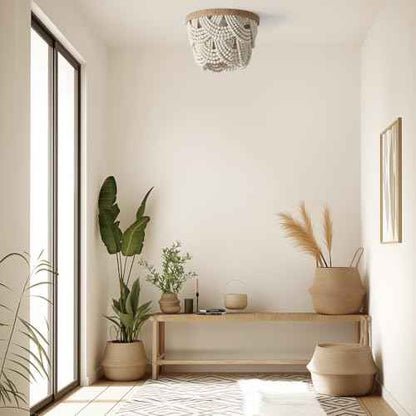 White Boho Mini Chandelier£¬ 2-Tier Wood Beaded Flush Mount Ceiling Light for Bedroom Hallway Entryway Closet Laundry Room Nursery Room 4-Lights