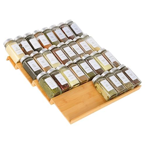 Spice Drawer Organizer with 24 Spice Jars and 216 Labels,Non-slip Rubber, Bamboo 4 Tier Spice Racks Tray Seasoning Containers for Kitchen Drawers,Cabinets,Countertops,13" Wide * 15.8" Deep