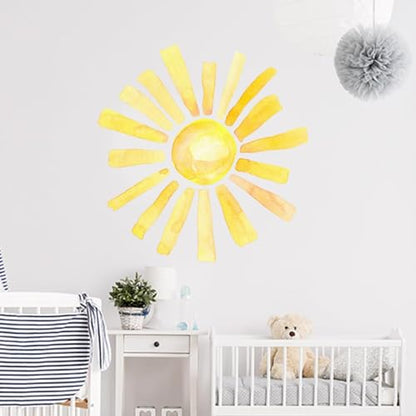 Cumule Boho Watercolor Sun Wall Decals, 22.44x22.04 Inch, Yellow, PVC, Indoor, Nursery Wall Stickers, Rectangular, Cartoon, Sun-1, 2 Pack