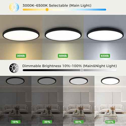 Zemty 15 Inch LED Ceiling Light With Night Light 1800K, 3000K/4000K/6500K Dimmable Fixture With Remote Control, Low Profile Lighting for Bedroom Living Room Kitchen-Black