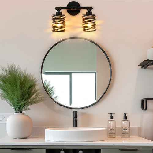 Farmhouse Bathroom Light fixtures, 2 Light Bathroom Lights Over Mirror, Industrial Brushed Bronze Vanity Light with Metal Cage, Sconces Wall Lighting for Cabinet Dressing Table Bedroom