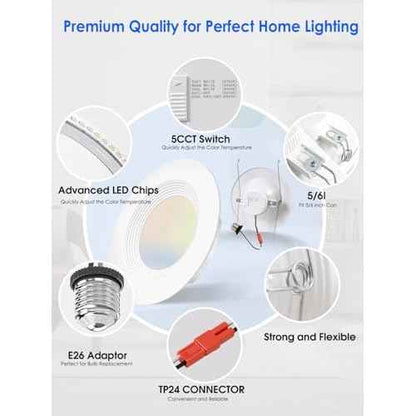 12 Pack 5/6 Inch 5CCT LED Recessed Light Retrofit, 2700K/3000K/4000K/5000K/6500K Selectable Downlight, Dimmable Can Lights with Metal Baffle Trim, CRI 90, 10.5W=85W, E26 Base, IC & Wet Rated, ETL&FCC
