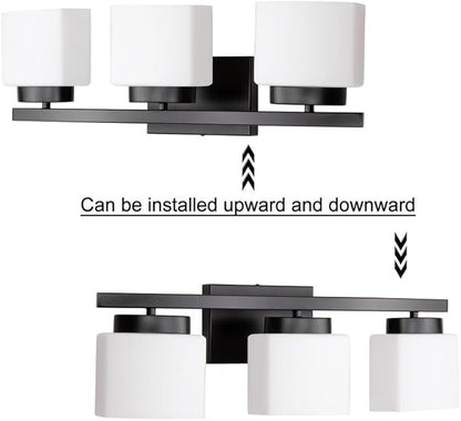 3-Light Bathroom Vanity Light Fixture Over Mirror, Modern Matte Black Vanity Lights with Milky Glass Shade, 23 inches Vanity Lighting Fixtures for Bathroom Lighting