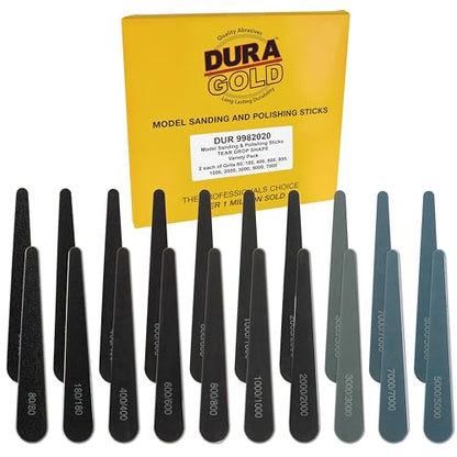 Dura-Gold Sanding Sticks and Polishing Sticks for Plastic Models, Pack of 20-2 Each of 10 Grits, Coarse 80 to Ultra-Fine 7000 Grit, Water Drop Style - Sand Wood Metal Auto Detailing, Hobby Sandpaper