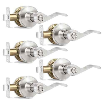 5 Pack Privacy Door Levers Brushed Nickel Door Handles, Wave Style Interior Door Knobs, Heavy Duty Reversible Keyless Door Handles for Bedroom Bathroom Doors